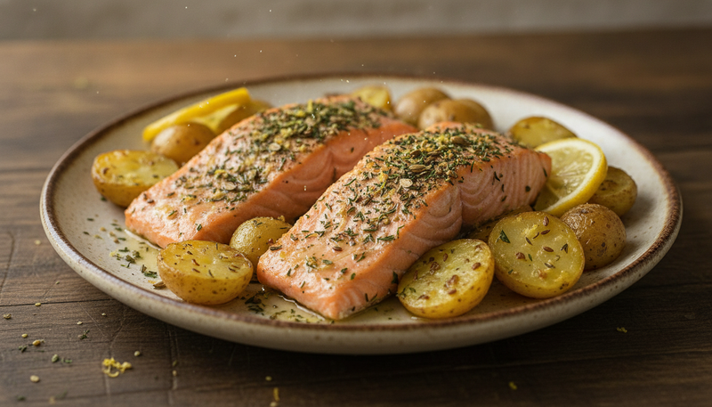 Saumon rôti, pommes grenailles et citron