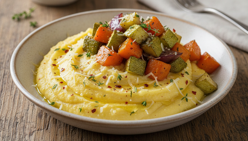 Polenta crémeuse aux cèpes, thym et légumes rôtis