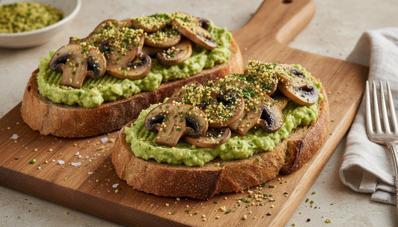 Toasts grillés, avocat et champignons poêlés