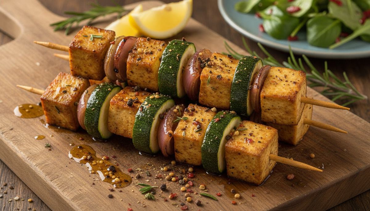 Brochettes de tofu ferme, échalote et courgette