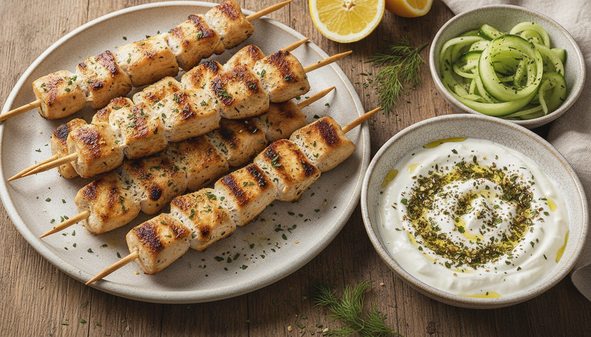 Brochettes grillées et sauce blanche aux herbes