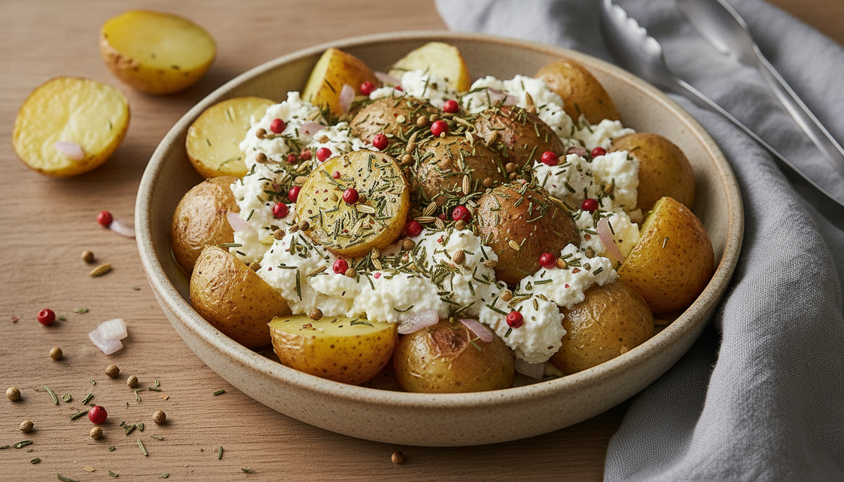 Pommes de terre tièdes, fromage frais et herbes nordiques