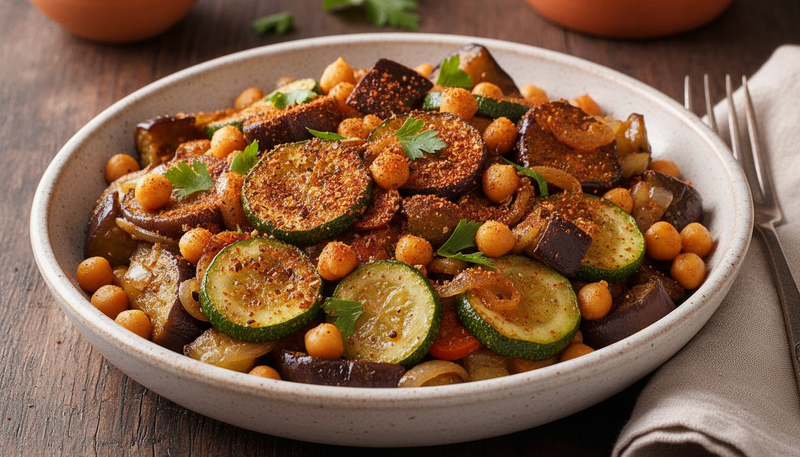 Poêlée de pois chiches, courgettes et aubergines