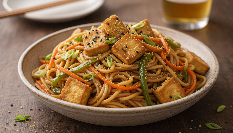 Nouilles sautées au tofu croustillant, gingembre et citronnelle