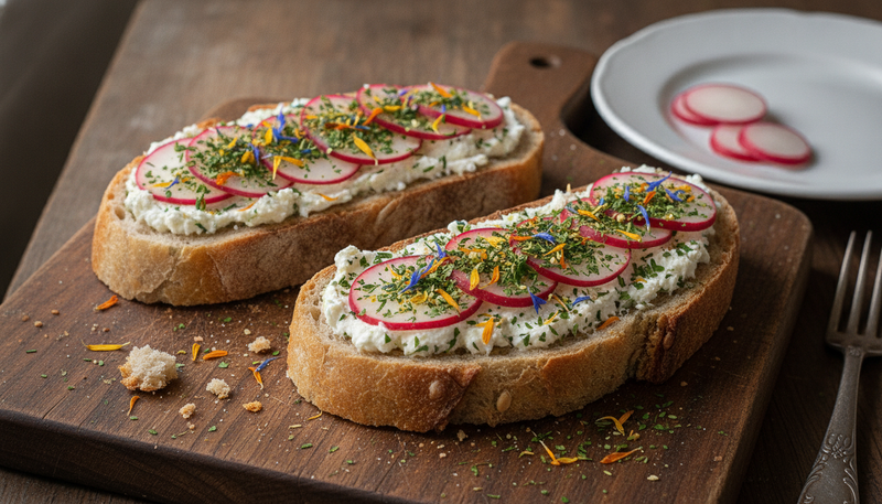 Tartines de chèvre frais, radis croquants et fleurs
