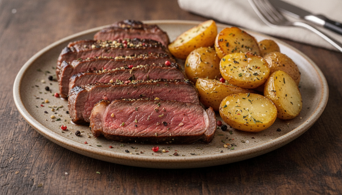 Bavette marinée ail & herbes, pommes grenailles rôties