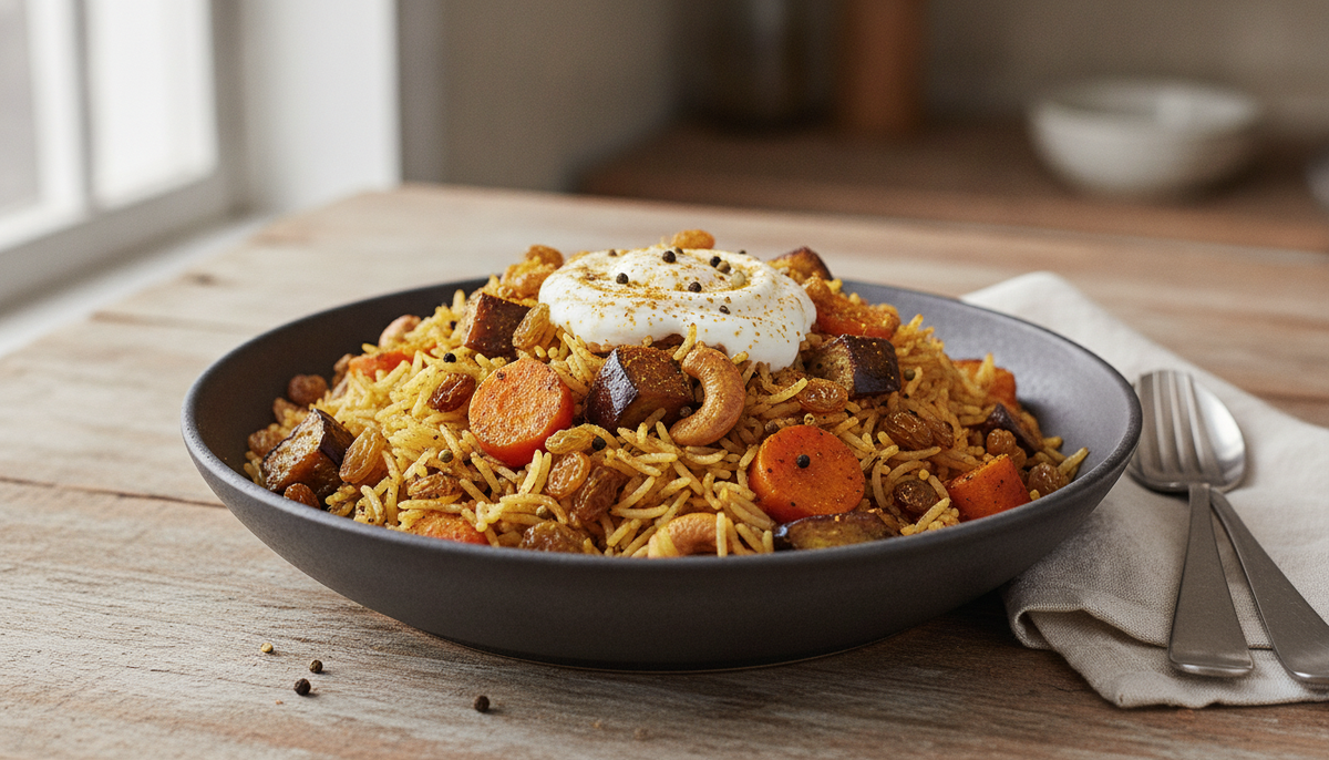 Biryani végétarien aux légumes rôtis
