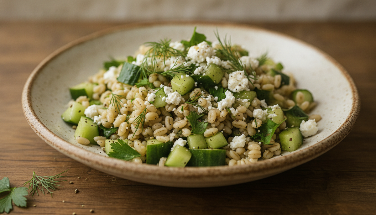Salade tiède d’orge, concombre et herbes
