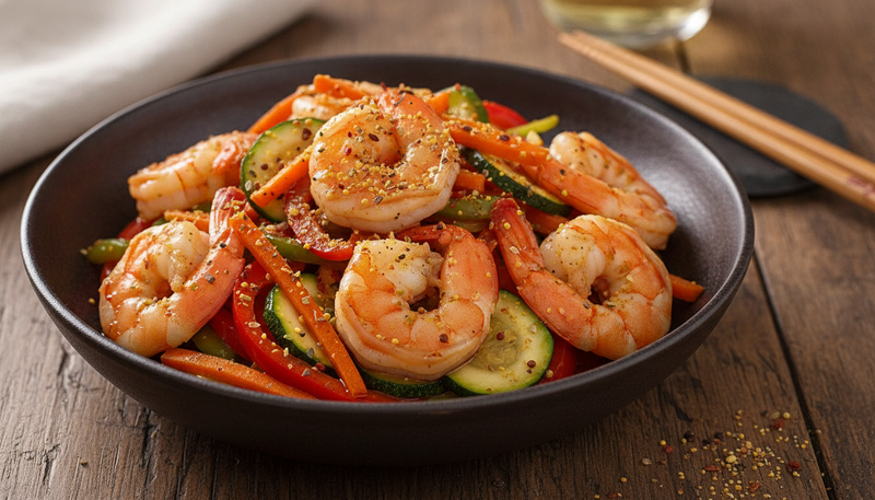 Poêlée de crevettes à la citronnelle et légumes croquants