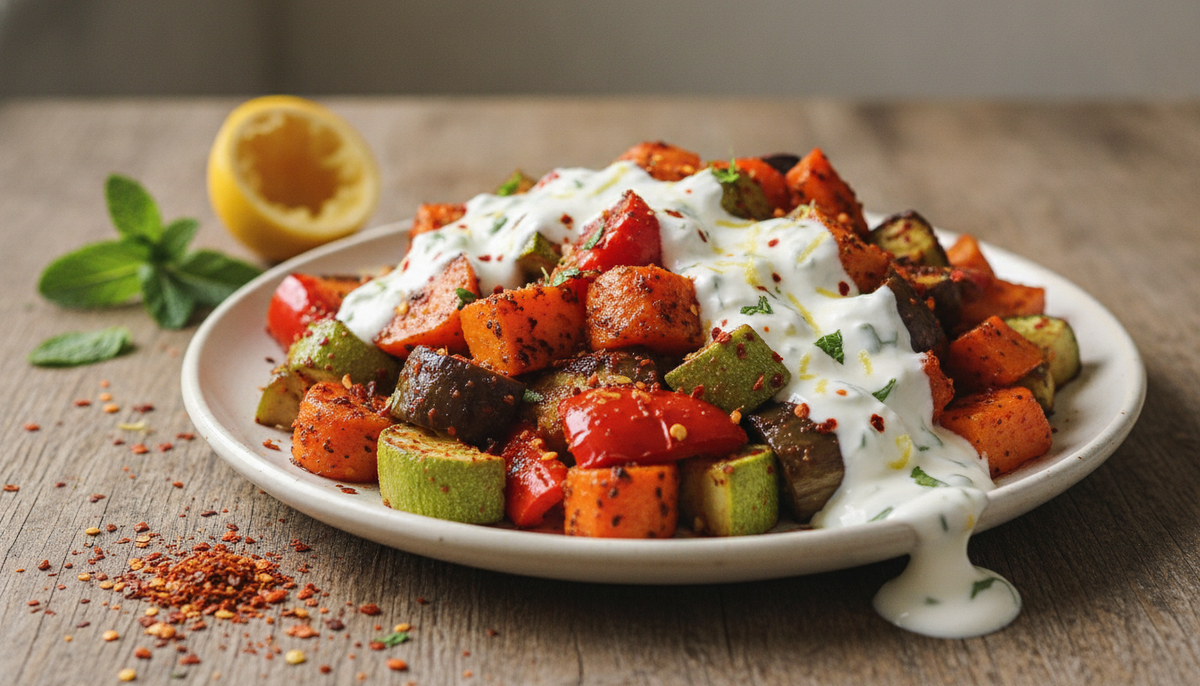 Légumes rôtis à la harissa et yaourt citronné