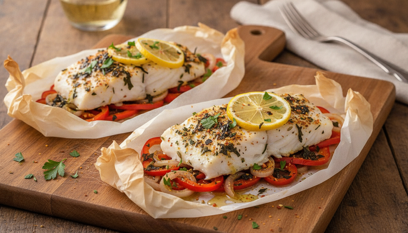 Papillote de poisson blanc au poivron fumé