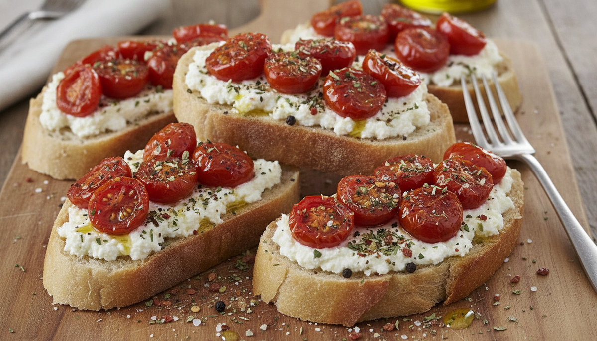 Tartine de ricotta, tomates rôties et herbes