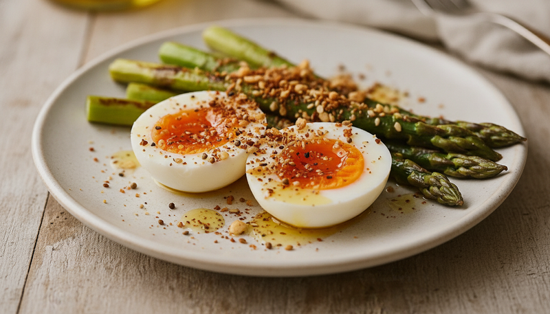 Œufs mollets, asperges poêlées et éclats de dukkah