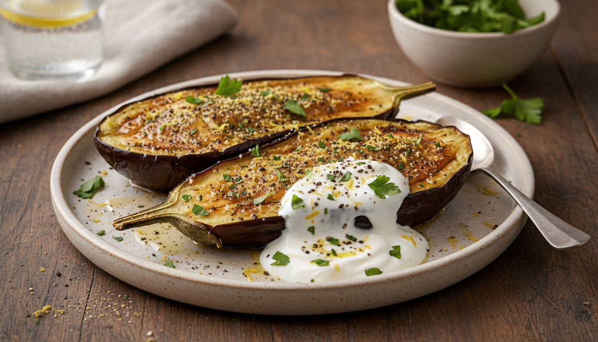Aubergines rôties, yaourt citronné et herbes fraîches