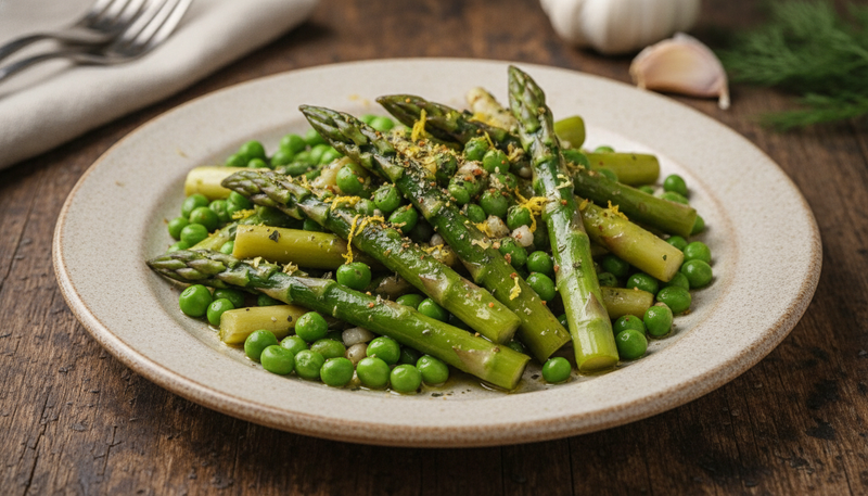 Poêlée d’asperges, petits pois et fèves