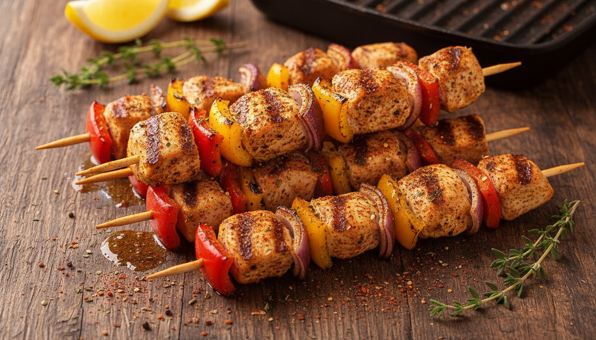 Brochettes de poulet aux poivrons et oignons rouges