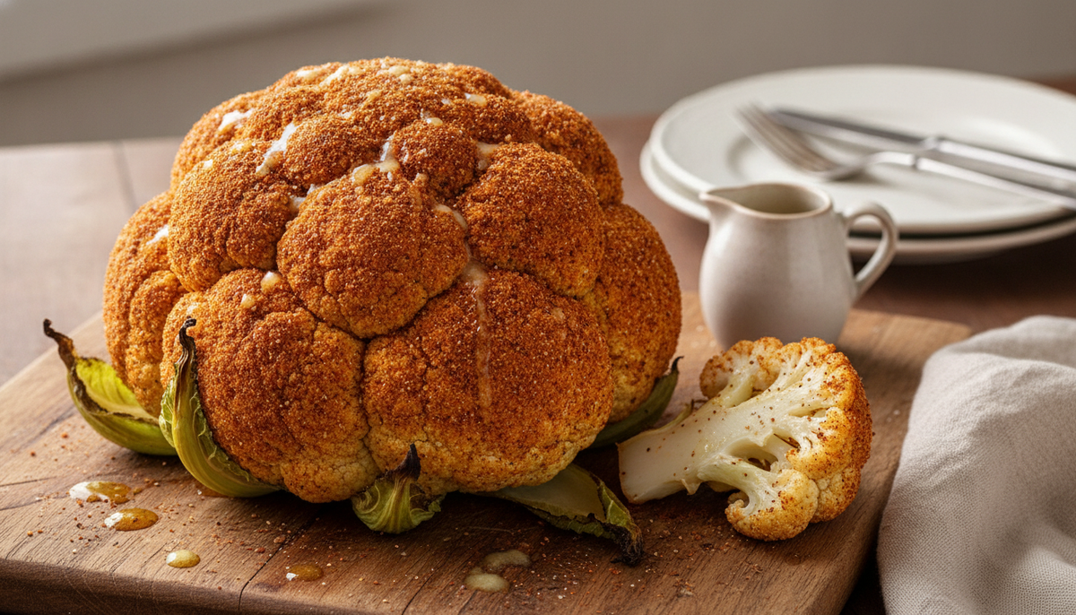 Chou-fleur entier rôti, croûte épicée dorée