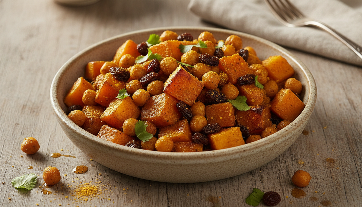 Pois chiches, courge rôtie & raisins aux épices