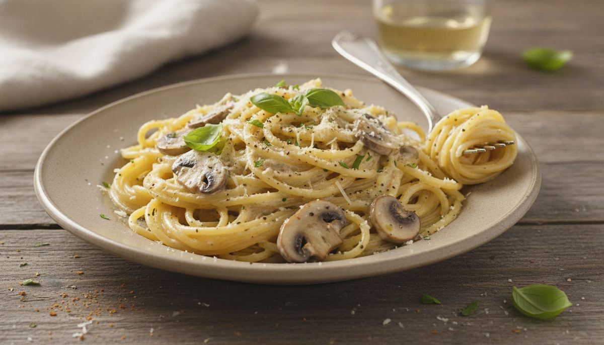 Spaghettis crémeux aux champignons et herbes