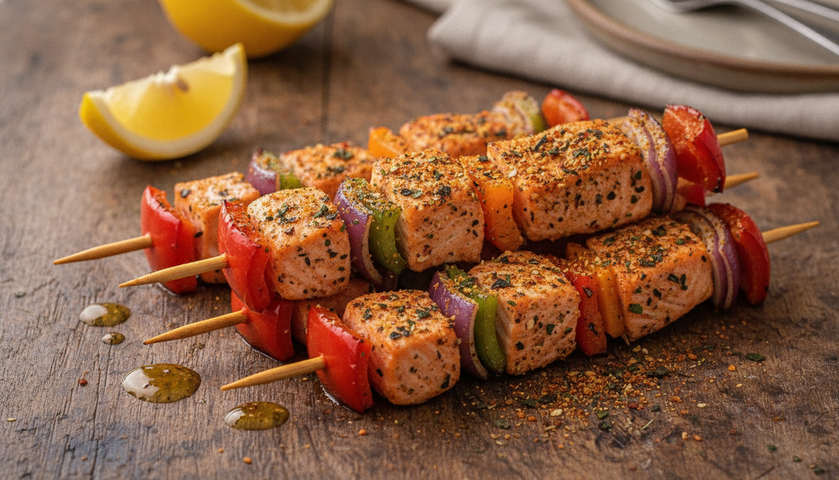 Brochettes de saumon ou de halloumi marinées